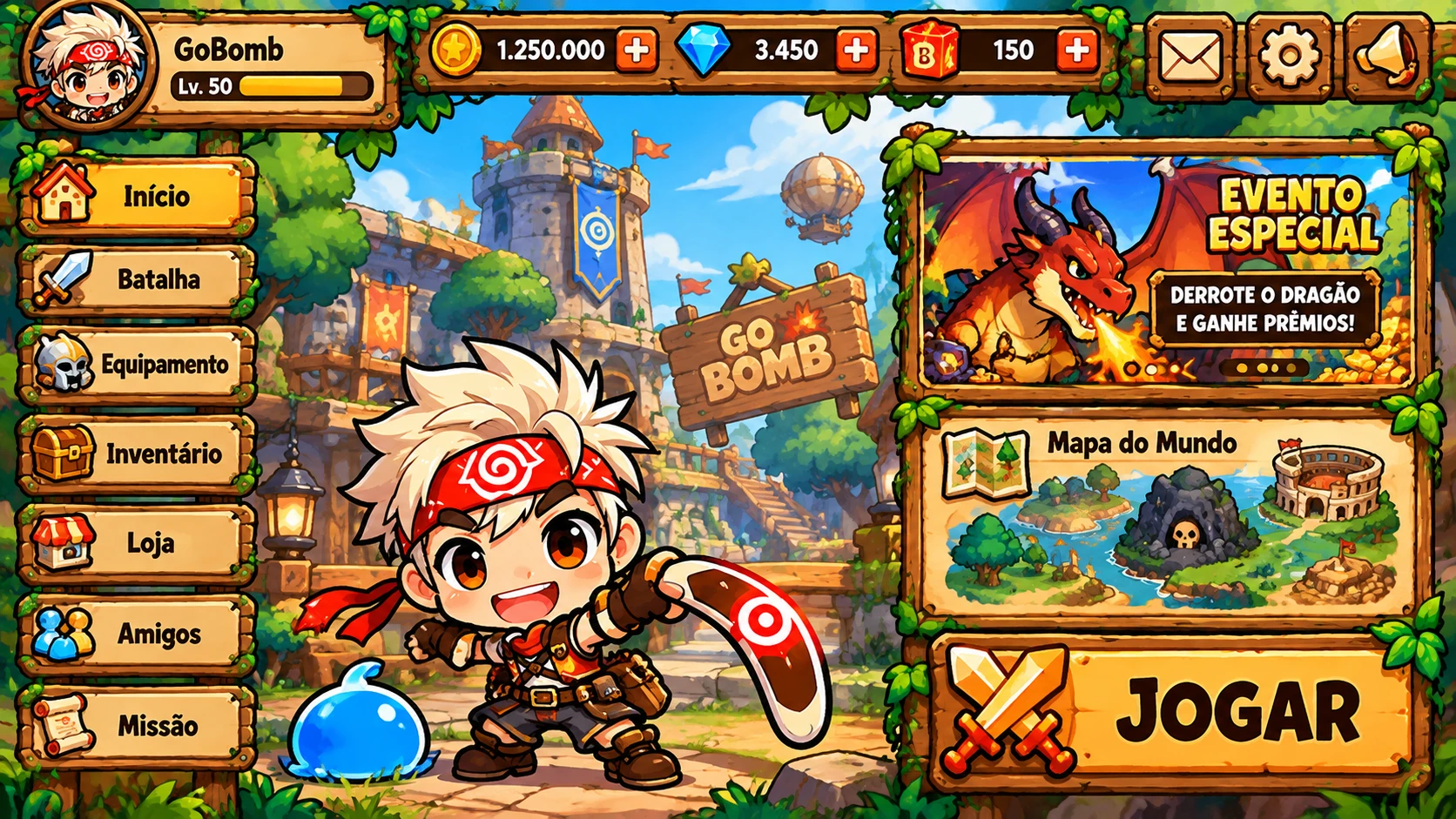 Tela inicial do GoBomb com menu, evento especial do dragão e mapa do mundo